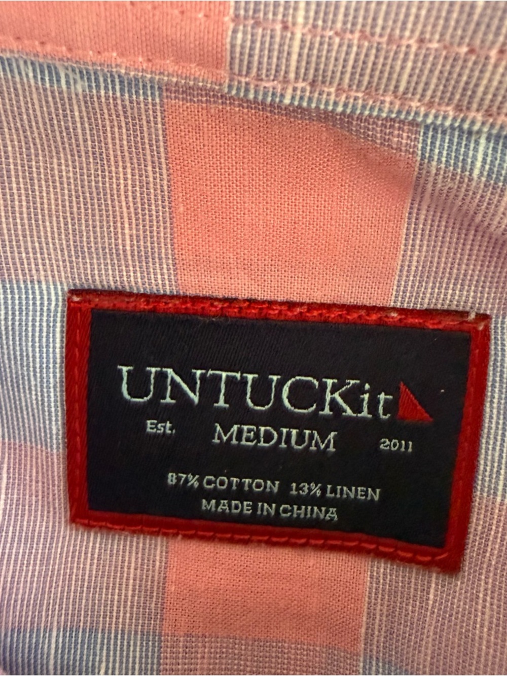 UNTUCKit Long Sleeve Button Up Shirt Linen Blend Check Medium Pink Red Blue Pock - Picture 3 of 7